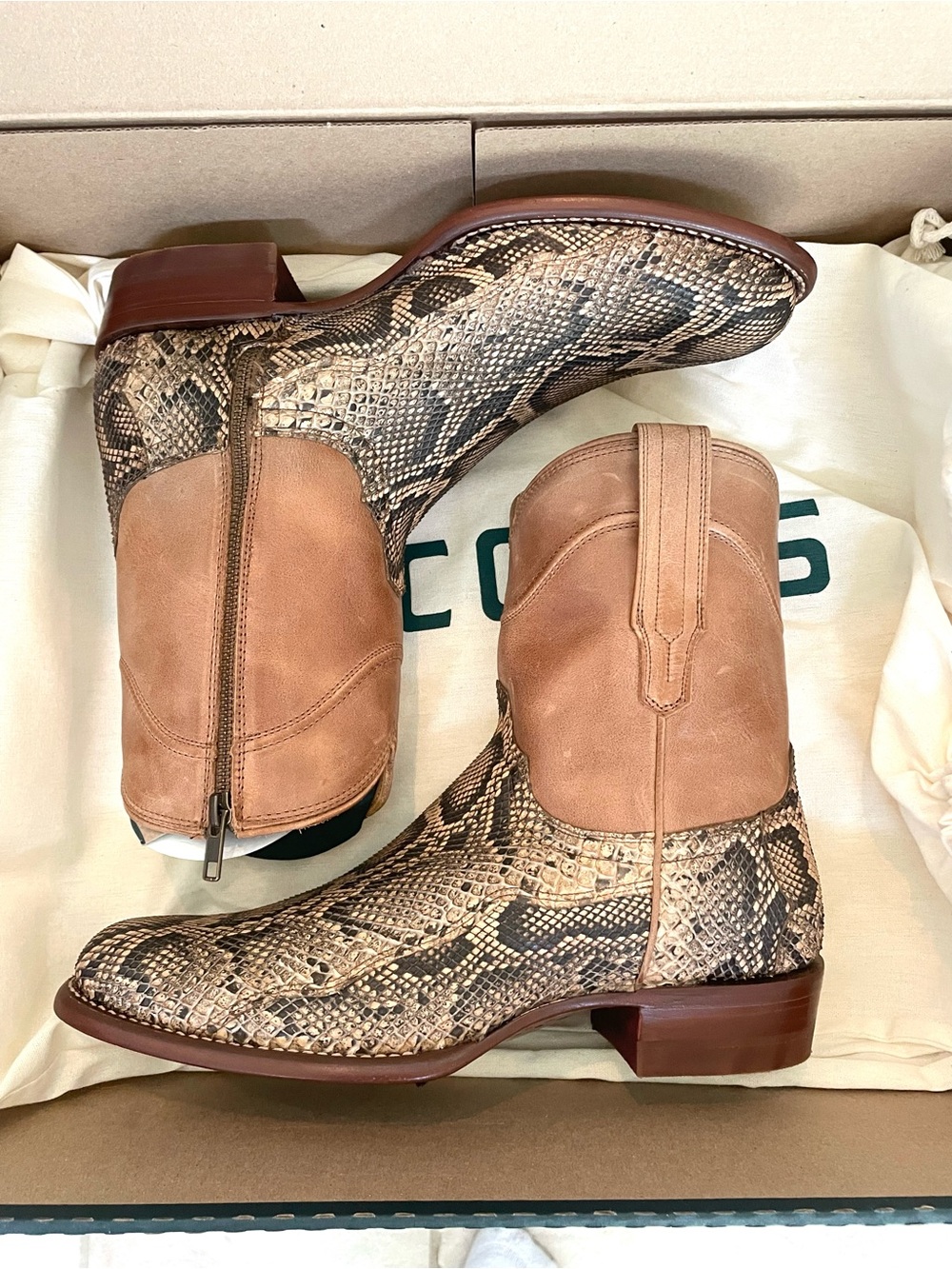 Tecovas Snakeskin Print and Tan Leather Cowboy Boots